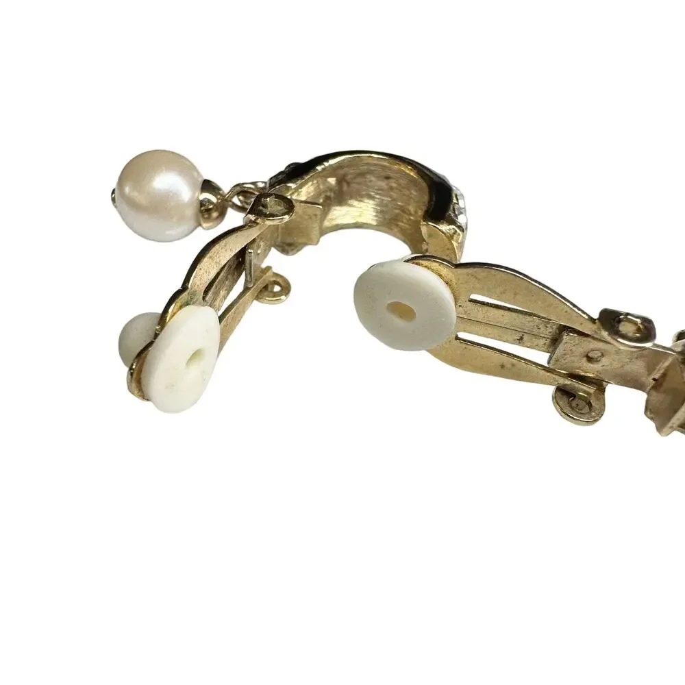 Vintage goldtone, black enamel, rhinestones, and faux pearl clip-on earrings